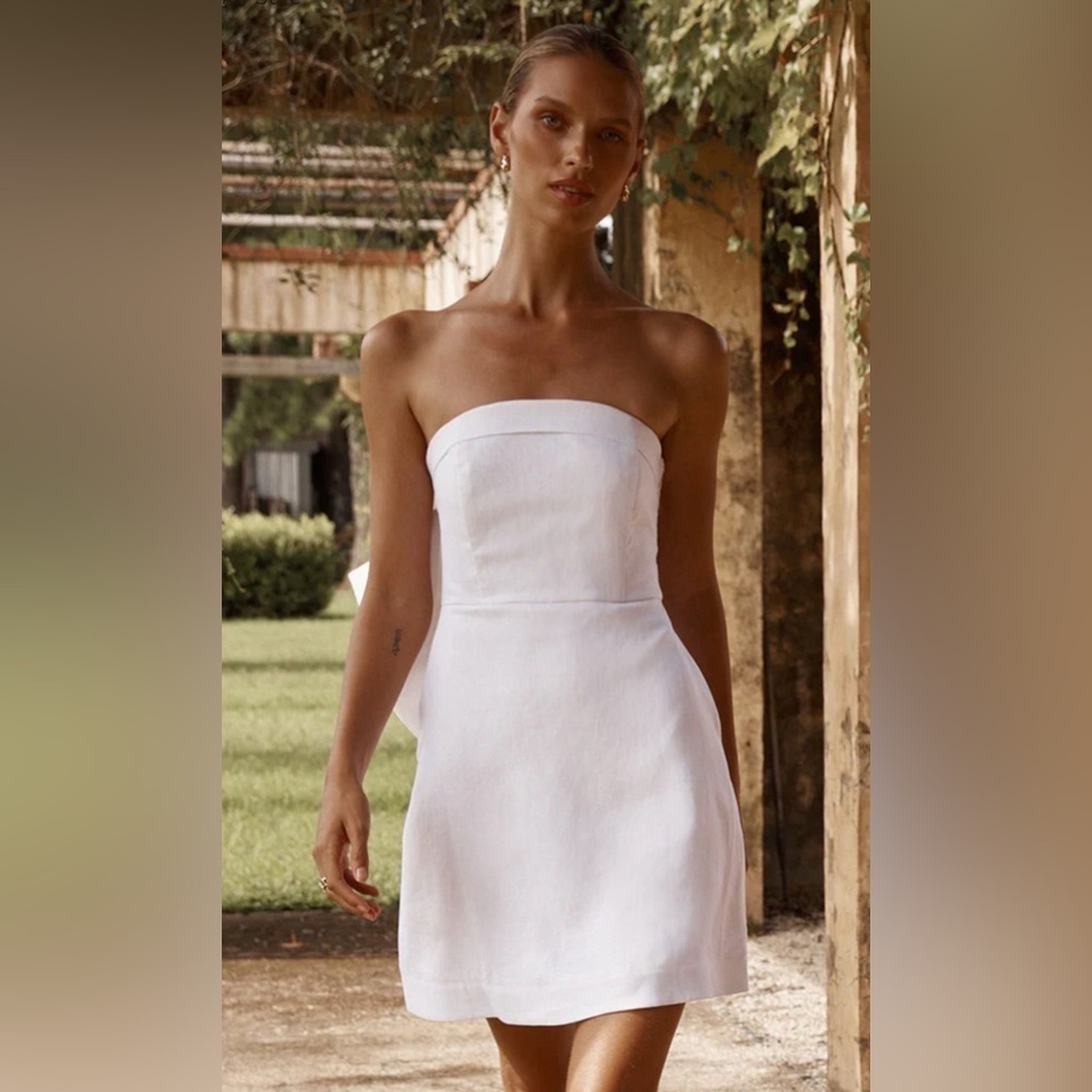 Dissh White 100% Linen Mini Dress Bow Size 6 $200 Pocket Wedding Bachelorette